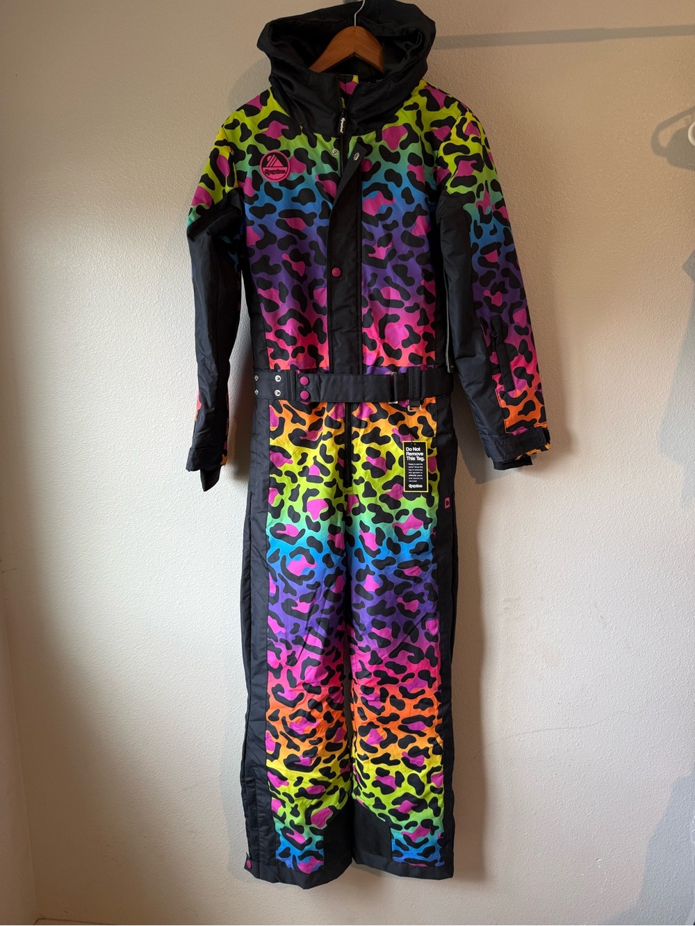 Tipsy Elves Rainbow Leopard womens One-Piece Snowsuit with Black Trim